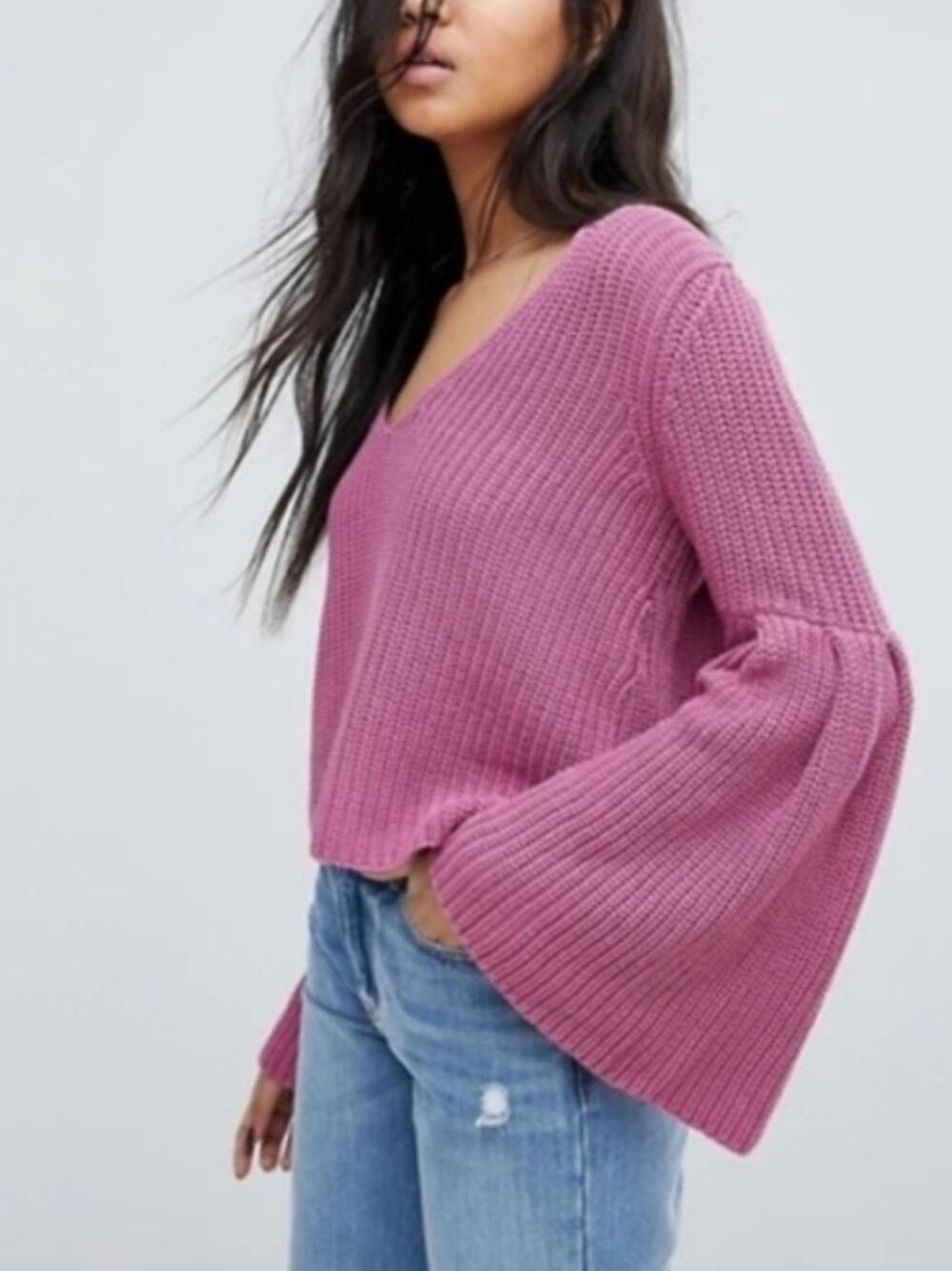 Free People Damsel Belle Sleeve Chunky Knit Sweater Rose Pink Size Small